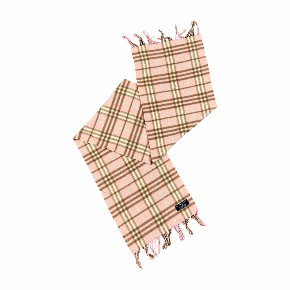 Burberry Cashmere Woven Pink Plaid Rectangle Scarf with Fringe & Logo